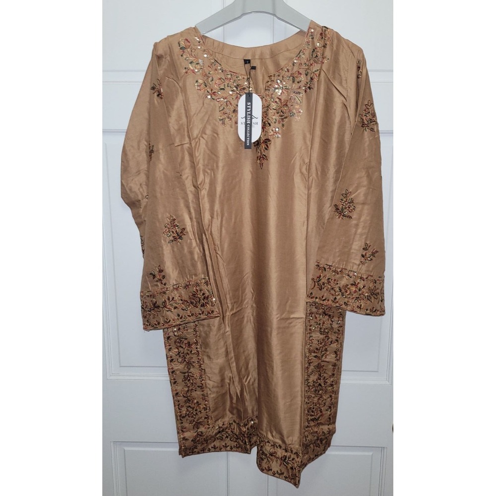Stylish Collection Women's 2pc Line Beaded Kurta Suit Set - Lt Brown - 43" Chest